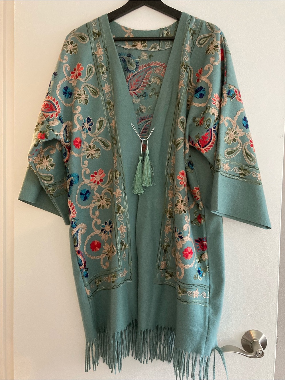 100% Cashmere Bohemian Hand Embroidered Open-Front Poncho in Sage Green